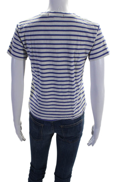 AMO Womens Cotton Short Sleeve Striped Crewneck T Shirt Blue White Size S