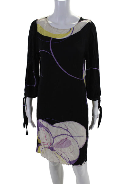 Elie Tahari Womens Silk Black Printed Crew Neck Long Sleeve A-line Dress Size M