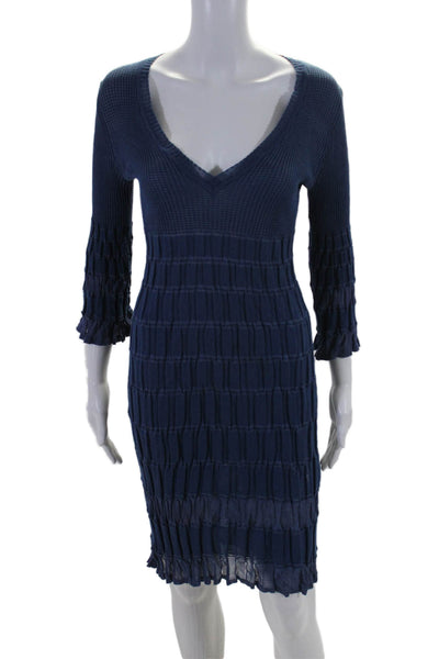 Missoni Womens Blue Cotton Textured V-Neck Bell Long Sleeve Shift Dress Size 10