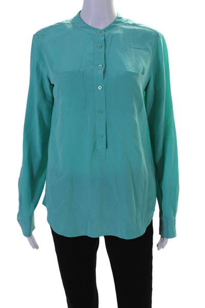 Equipment Femme Womens Long Sleeve Half Button Silk Shirt Turquoise Size Small