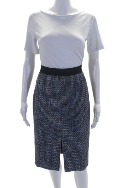 BOSS Womens Tweed High Rise Front Slit Pencil Skirt Blue White Cotton Size 4