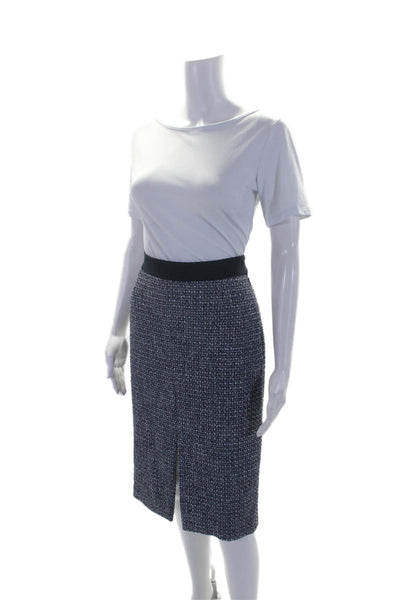 BOSS Womens Tweed High Rise Front Slit Pencil Skirt Blue White Cotton Size 4