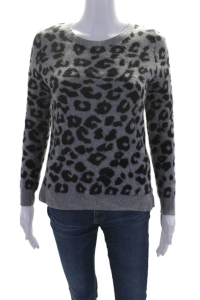 C by Bloomingdales Womens Scoop Neck Leopard Print Cashmere Sweater Gray Small