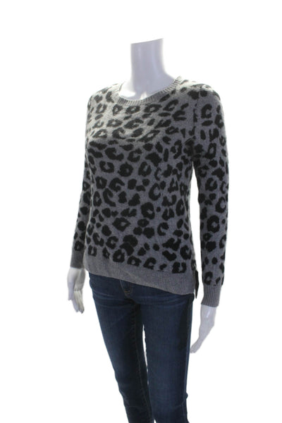 C by Bloomingdales Womens Scoop Neck Leopard Print Cashmere Sweater Gray Small