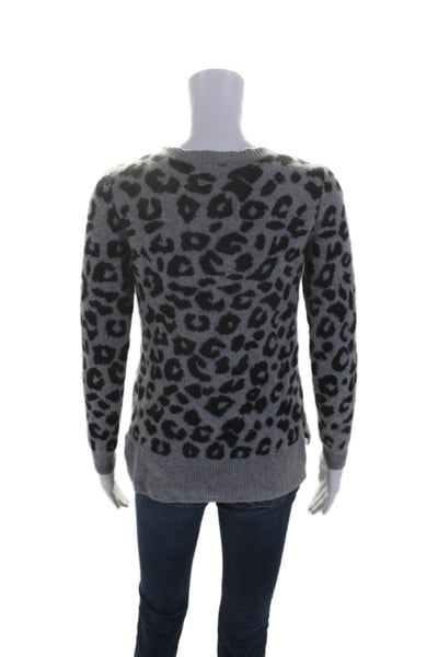 C by Bloomingdales Womens Scoop Neck Leopard Print Cashmere Sweater Gray Small