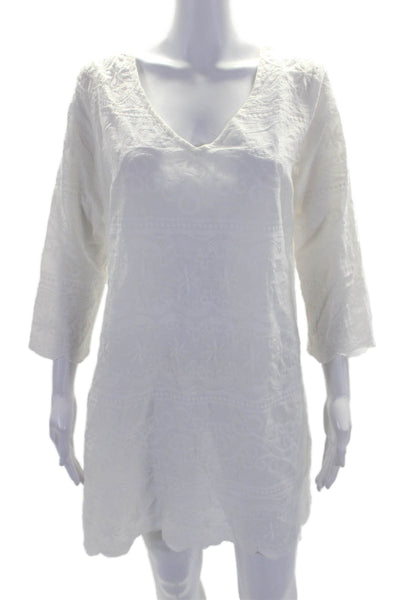 Shoshanna Womens 3/4 Sleeve V Neck Mini Dress White Cotton Size Medium