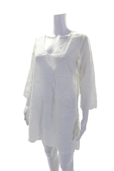 Shoshanna Womens 3/4 Sleeve V Neck Mini Dress White Cotton Size Medium