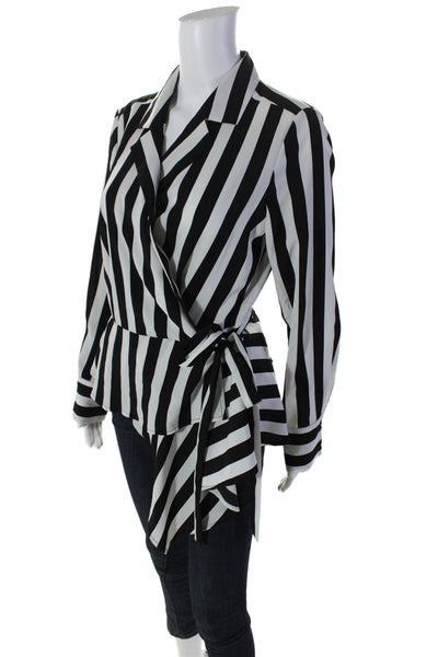 Vince Camuto Womens Striped Print Asymmetrical Hem Wrap Top White Black Size M