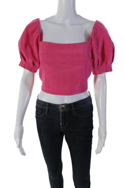 Alice + Olivia Womens Cotton Puff Sleeve Square Neck Crop Blouse Pink Size 0