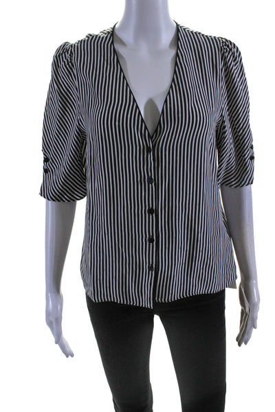 Frame Womens Silk Striped Short Sleeves Button Down Blouse White Black Size Medi