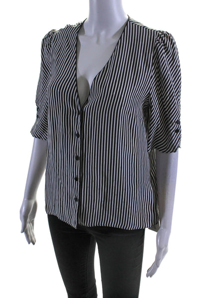 Frame Womens Silk Striped Short Sleeves Button Down Blouse White Black Size Medi