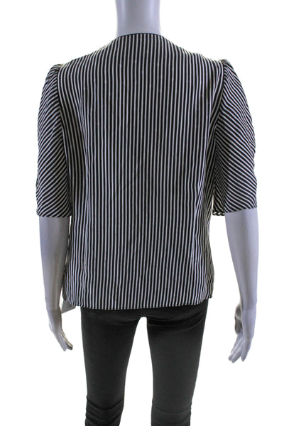 Frame Womens Silk Striped Short Sleeves Button Down Blouse White Black Size Medi