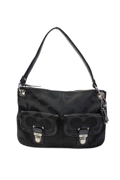 Coach Womens Monogram Print Zipper Closure Silver Tone Shoulder Handbag Black