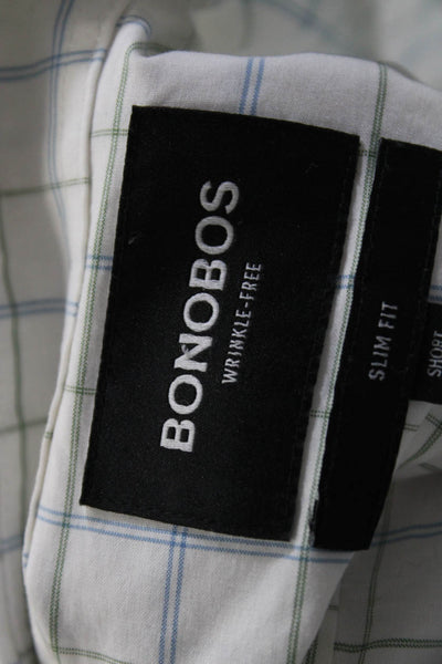 Bonobos Mens Button Front Collared Plaid Slim Fit Shirt White Cotton Large Short