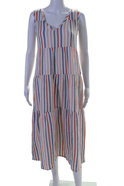 Marine Layer Womens Sleeveless V Neck Striped Gauze Dress White Multi Size Small