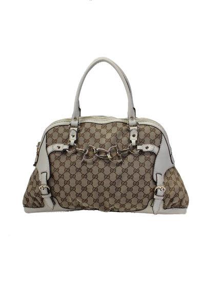 Gucci Womens Medium GG Canvas Horsebit Nail Boston Handbag Brown White