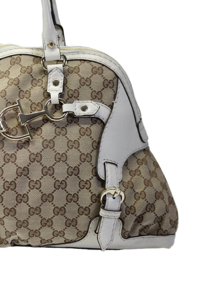 Gucci Womens Medium GG Canvas Horsebit Nail Boston Handbag Brown White