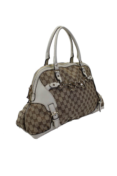 Gucci Womens Medium GG Canvas Horsebit Nail Boston Handbag Brown White