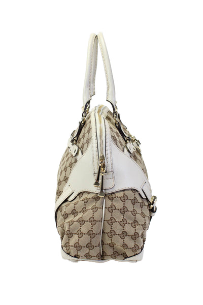 Gucci Womens Medium GG Canvas Horsebit Nail Boston Handbag Brown White