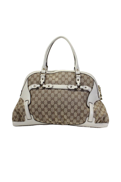 Gucci Womens Medium GG Canvas Horsebit Nail Boston Handbag Brown White