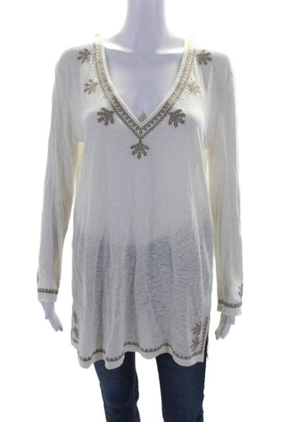 Joie a la Plage Womens Long Sleeve Embroidered Trim V Neck Shirt White Medium