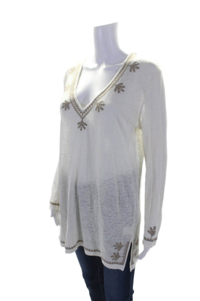 Joie a la Plage Womens Long Sleeve Embroidered Trim V Neck Shirt White Medium