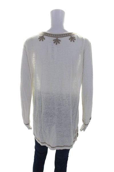 Joie a la Plage Womens Long Sleeve Embroidered Trim V Neck Shirt White Medium