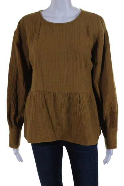 Madewell Womens Brown Cotton Textured Crew Neck Long Sleeve Blouse Top Size S