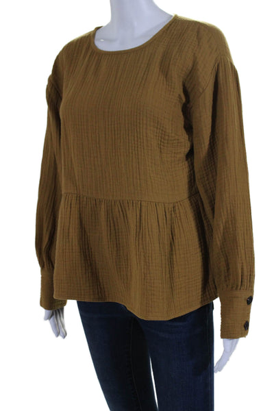 Madewell Womens Brown Cotton Textured Crew Neck Long Sleeve Blouse Top Size S