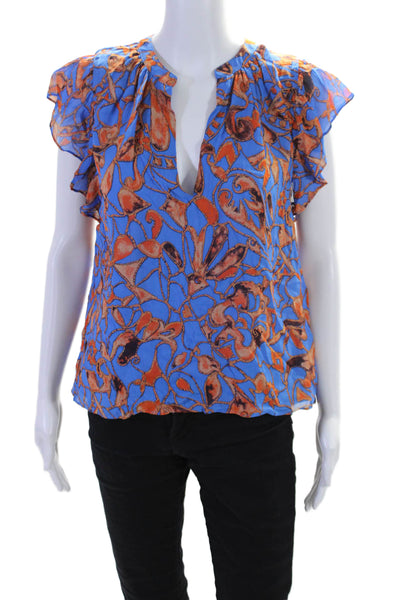 A.L.C. Womens Silk Abstract Print Short Sleeves Blouse Blue Beige Size 0