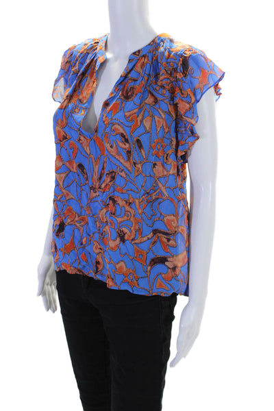 A.L.C. Womens Silk Abstract Print Short Sleeves Blouse Blue Beige Size 0