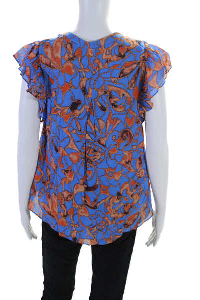 A.L.C. Womens Silk Abstract Print Short Sleeves Blouse Blue Beige Size 0