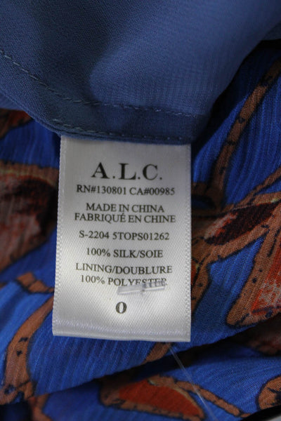 A.L.C. Womens Silk Abstract Print Short Sleeves Blouse Blue Beige Size 0