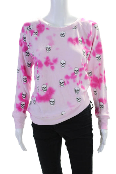 Chaser Womens Skull Tie Dye Print Crew Neck Sweatshirt Pink White Size Medium