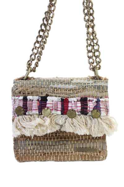 Kooreloo Womens Woven Tassel Trim Foldover Snap Closure Shoulder Bag Beige