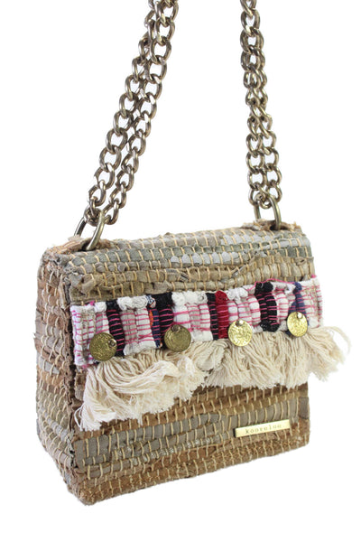 Kooreloo Womens Woven Tassel Trim Foldover Snap Closure Shoulder Bag Beige