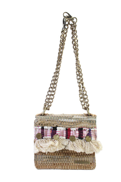 Kooreloo Womens Woven Tassel Trim Foldover Snap Closure Shoulder Bag Beige