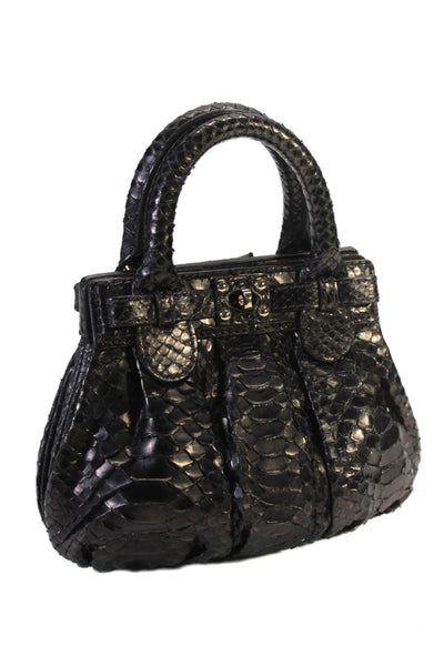 ZAGLIANI Womens Double Handle Turnlock Mini Python Skin Handbag Dark Brown