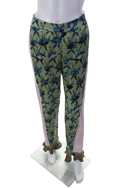 Vivienne Hu Womens Floral Velvet Trim Straight Leg Pants Green Size 2