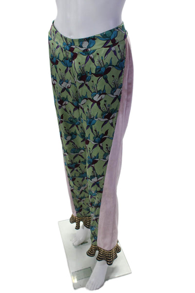 Vivienne Hu Womens Floral Velvet Trim Straight Leg Pants Green Size 2