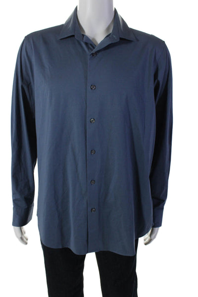 Bugatchi Mens Cotton Collar Cuff Sleeve Button Down Dress Shirt Blue Size L