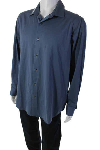 Bugatchi Mens Cotton Collar Cuff Sleeve Button Down Dress Shirt Blue Size L