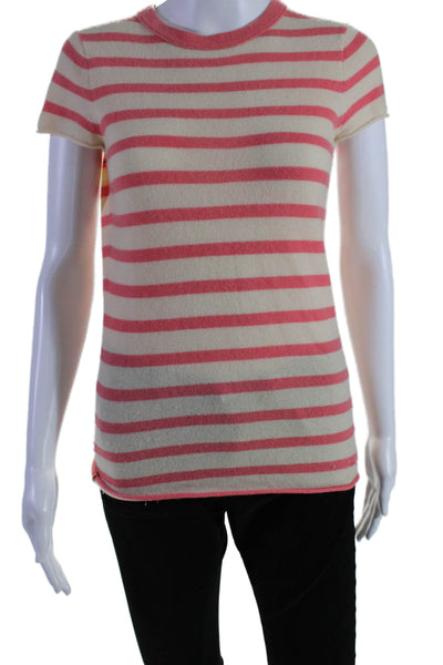 J Crew Women's Round Neck Short Sleeves Cashmere Sweater Pink Stiped Size S