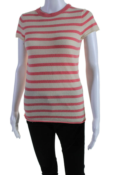 J Crew Women's Round Neck Short Sleeves Cashmere Sweater Pink Stiped Size S