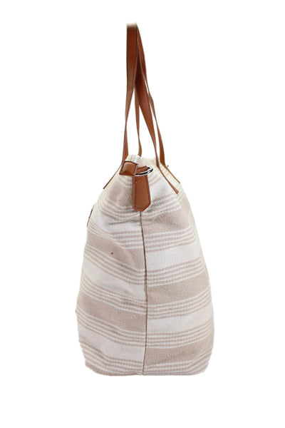 Madden Girl Womens Striped Zipper Closure Large Shoulder Handbag Beige White