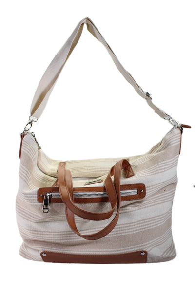 Madden Girl Womens Striped Zipper Closure Large Shoulder Handbag Beige White