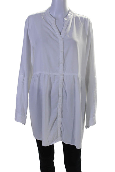 Side Stitch Womens V-neck Collard Cuff Sleeve Button Up Blouse White Size M