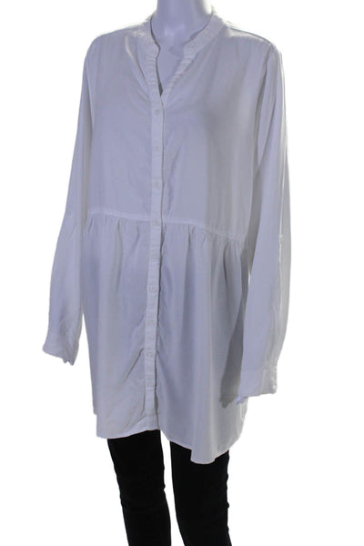 Side Stitch Womens V-neck Collard Cuff Sleeve Button Up Blouse White Size M