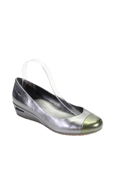 Cole Haan Womens Slip On Cap Toe Wedge Heel Pumps Silver Tone Leather Size 9B