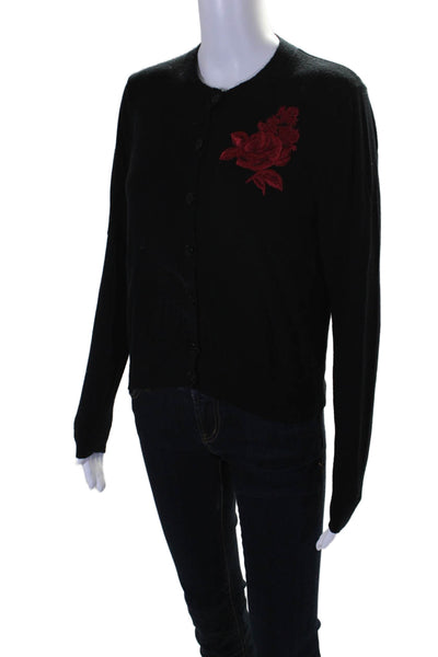 Worth New York Womens Black Wool Floral Applique Button Front Sweater Top Size S